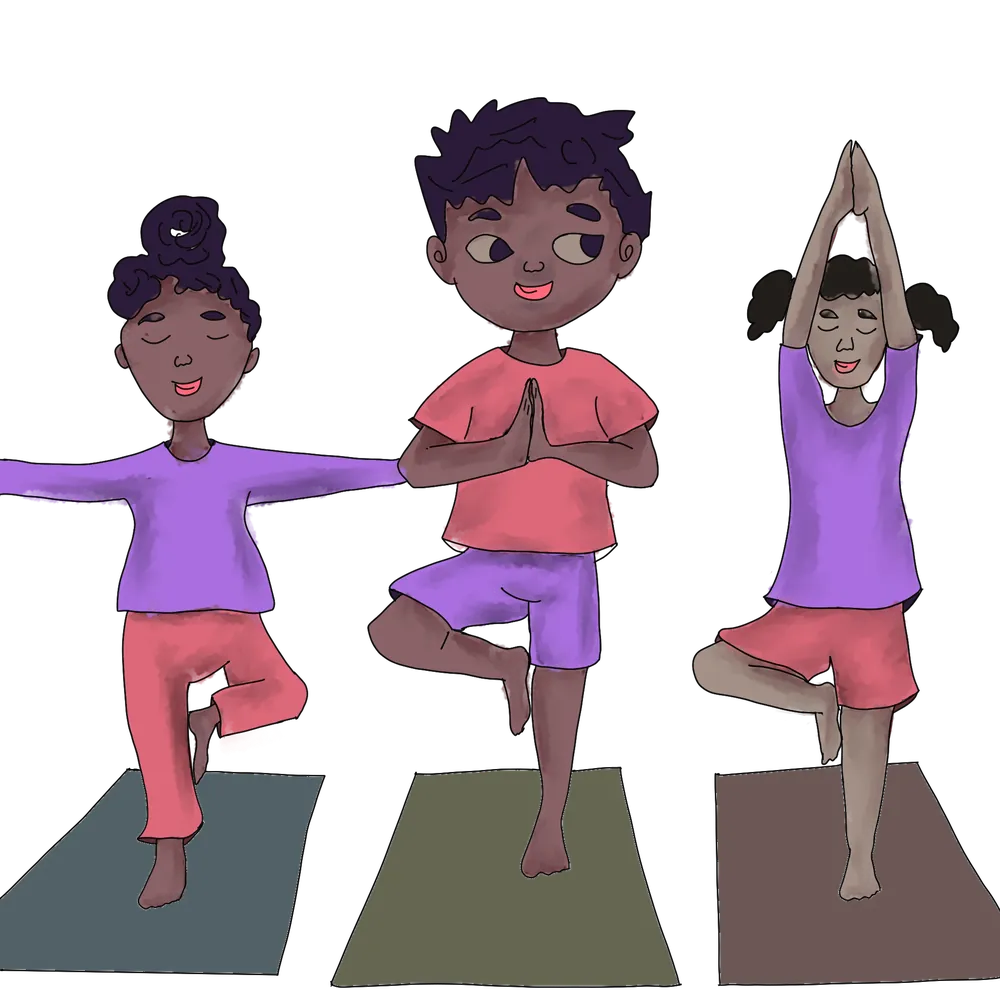 Three children holding a one-leg balance pose — a physical challenge from the game