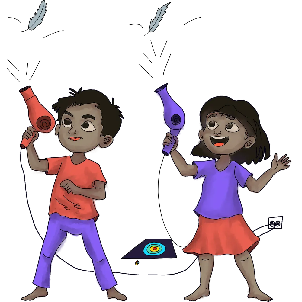 Two children using hairdryers to keep feathers in the air, an air-resistance challenge