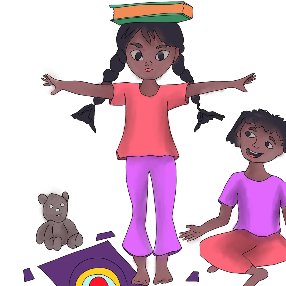 A child balancing books on their head, a balance challenge from the board game