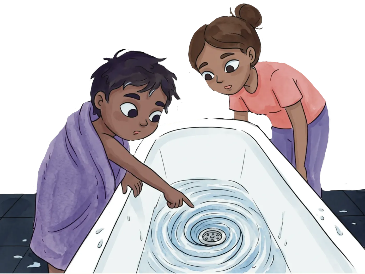 Kid pointing at water spiraling down bathtub drain