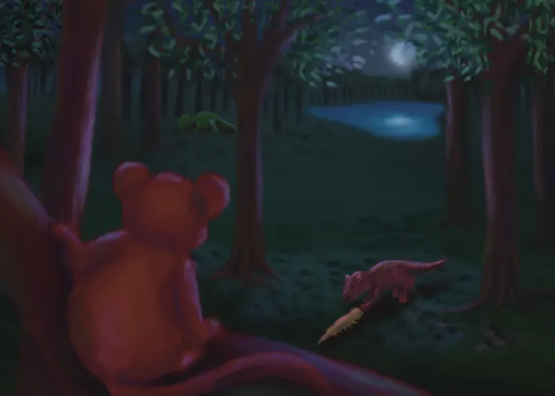 A small marsupial watching the moon from a branch, from the Evolution picture book