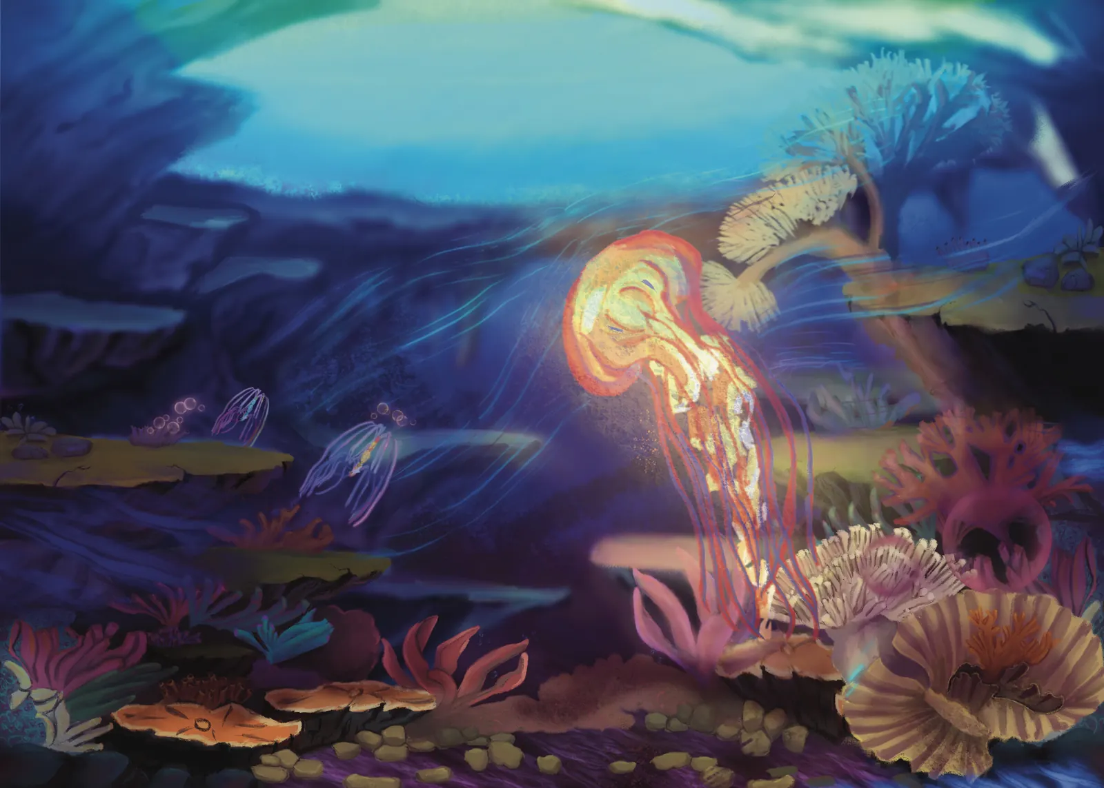 A glowing jellyfish-like creature lit up above a crowded reef in deep blue water — a hand-painted page from The Story Of Evolution Of Life