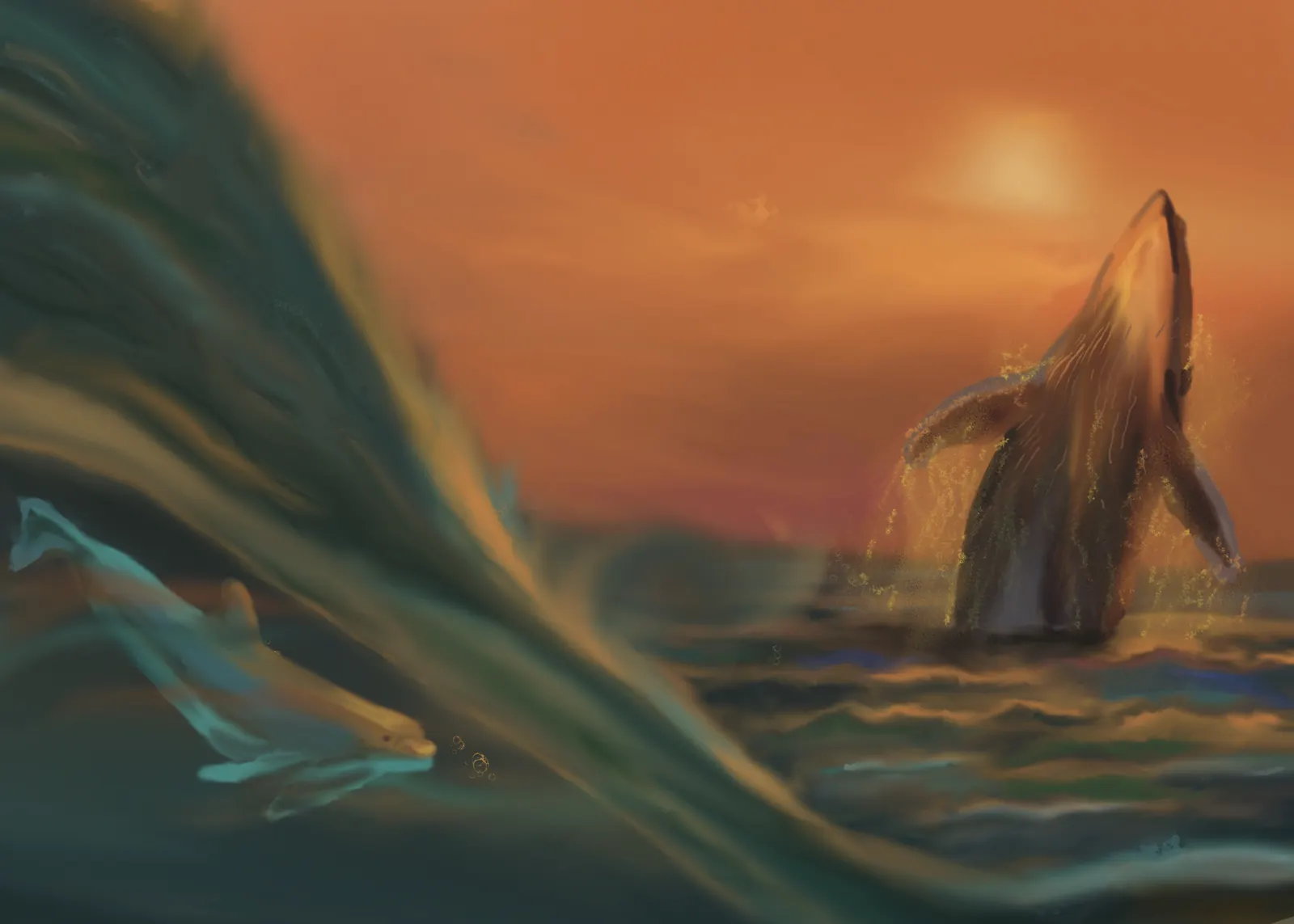 A whale breaching at sunset as a wave curls in the foreground — a hand-painted page from The Story Of Evolution Of Life