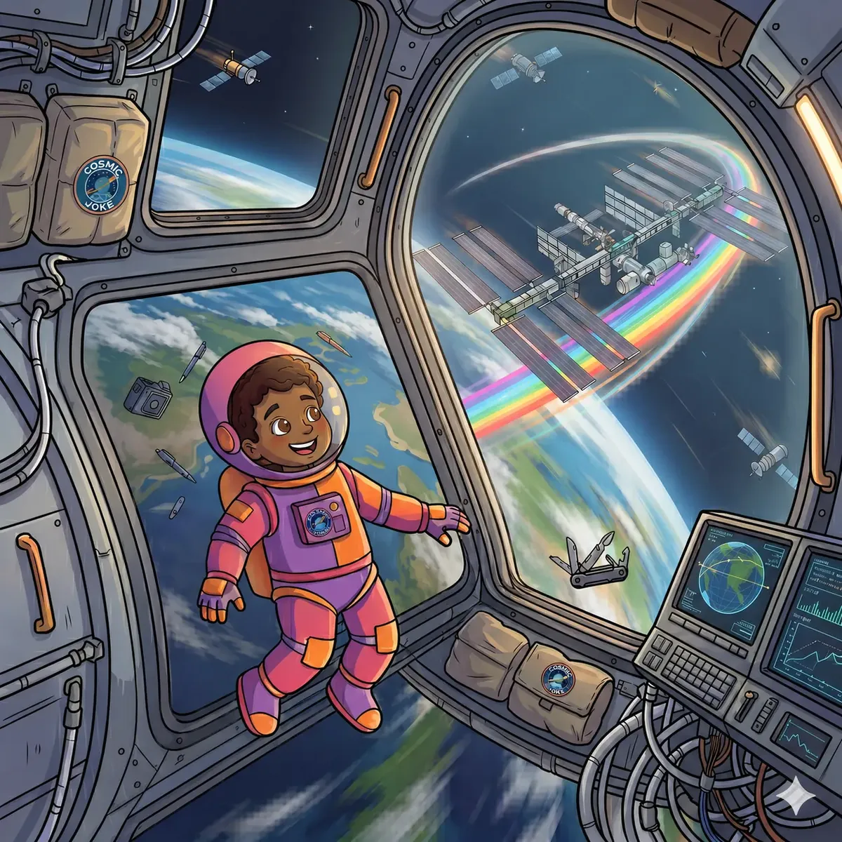 A child astronaut floating inside the International Space Station, Earth through the window